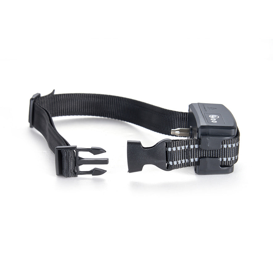 xtra shock collar for the Standard Electric Dog Fence Kit with an open black adjustable strap and reflective stitching, showing the receiver and buckle detail